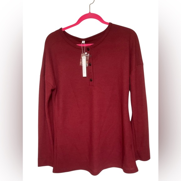 WNEEDU Waffle Knit Tunic Loose Long Sleeve Button V Neck Henley Wine Red Size M - Picture 3 of 9